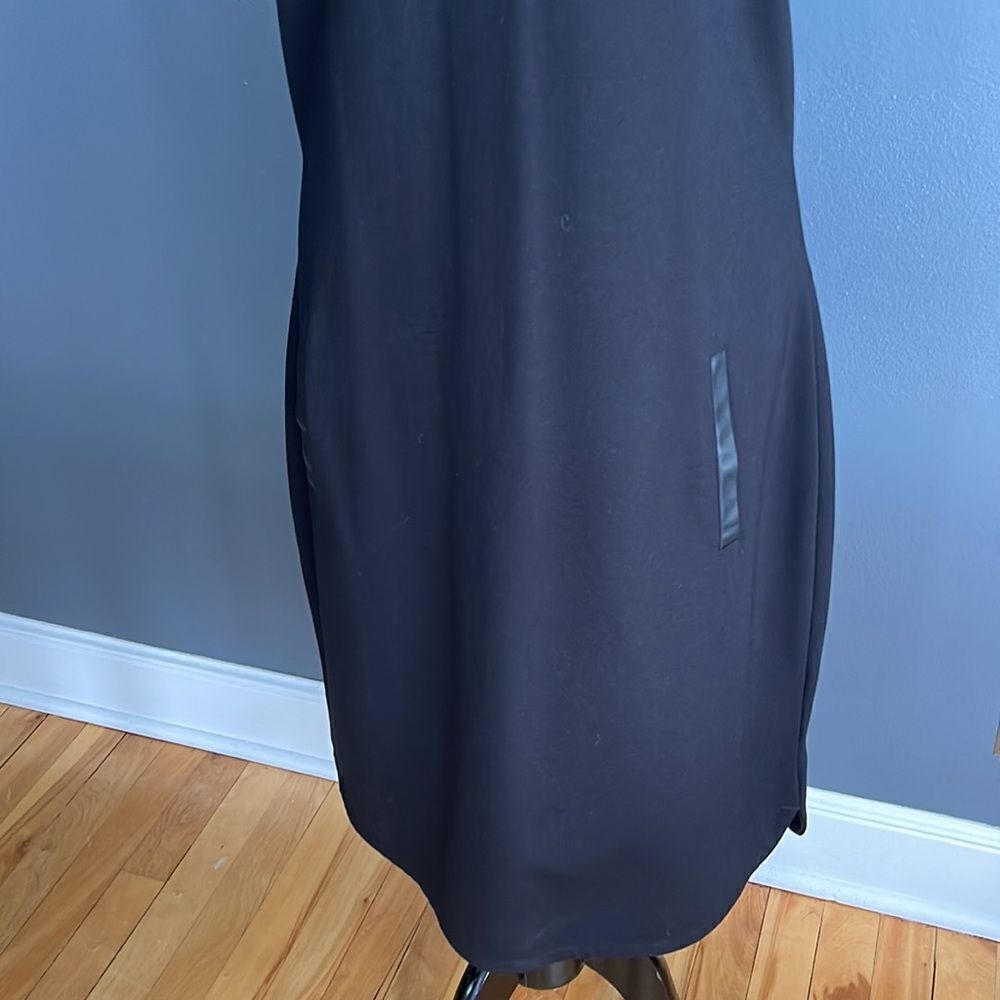 Banana Republic black faux leather V neckline, sleeves, & welted pockets midi. - Picture 4 of 7